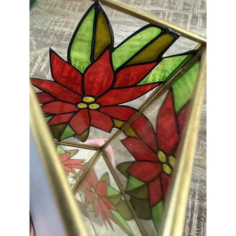 Vintage Stained Glass Poinsettia Mirrored Candle Holder Christmas Holiday